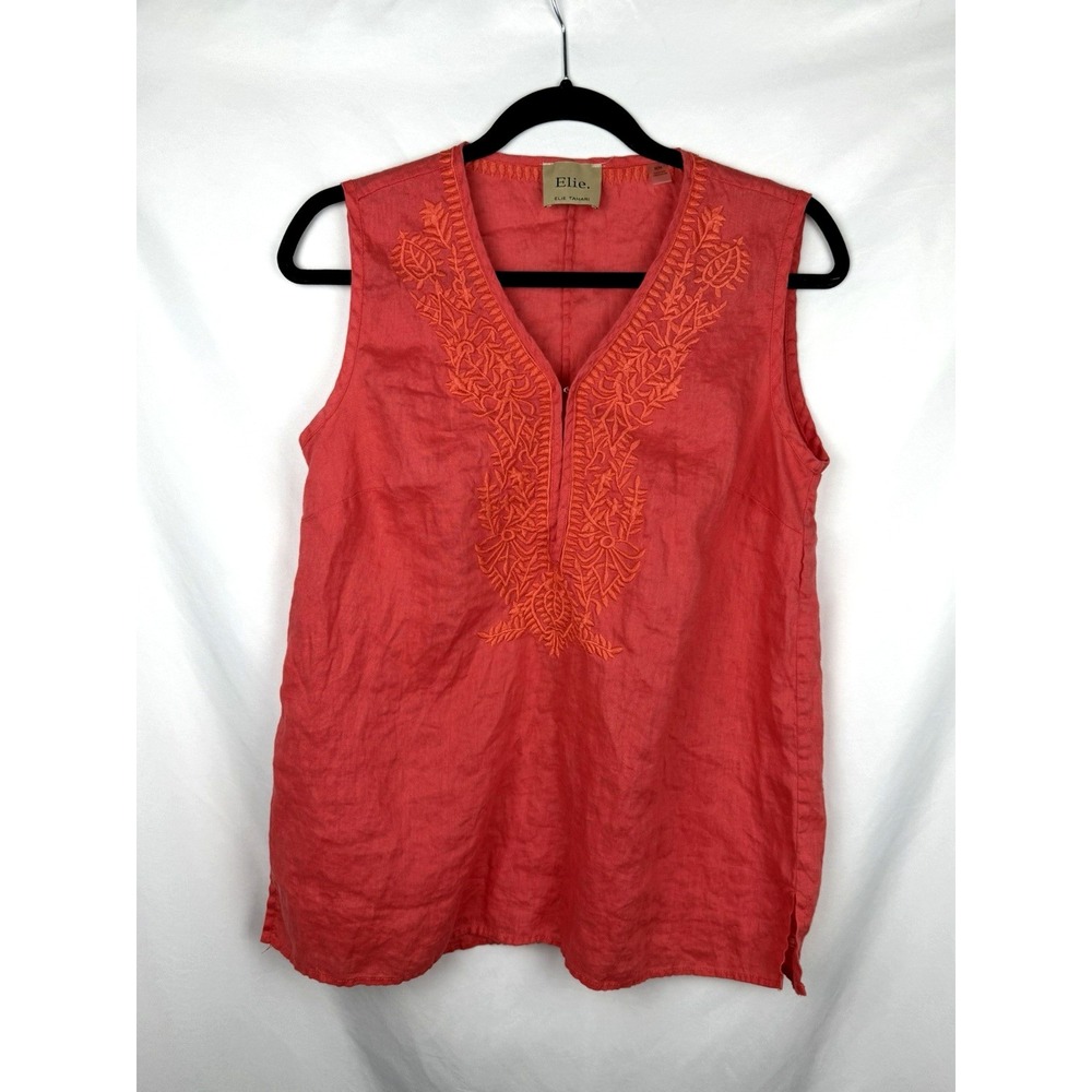 Elie Tahari 100% Linen Embroidered Top M Coral Sleeveless V-Neck Tunic Blouse